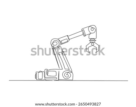 Robotic arm mechanical in single outline illustration. Continuous line art drawing of mechanical robot hand for industry.