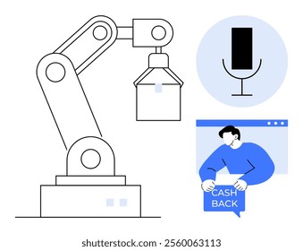 Robotic arm, microphone, and person holding cashback sign demonstrate tech innovations. Ideal for automation, robotics, AI, finance, and digital services themes. Clean, minimalist style