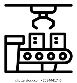 Braço robótico está movendo caixas em uma correia transportadora em uma fábrica automatizada