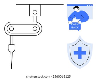 Robotic arm with a needle, a person holding a cashback sign in an online window, and a shield with a medical cross. Ideal for technology, healthcare, online shopping, safety, convenience, e-commerce