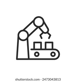 Robotic arm on a conveyor belt, linear style icon. Robotic arm, automation or industrial robotics. Editable stroke width.