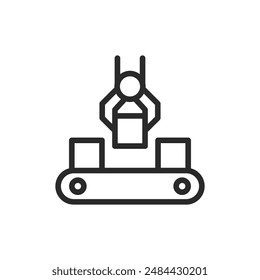 Robotic arm on a conveyor belt, linear style icon. Robotic arm on a conveyor belt, automation and manufacturing. Editable stroke width.