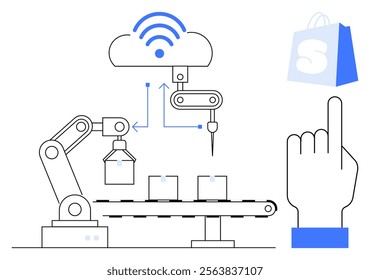 Robotic arm on conveyor belt connected to cloud via wireless signal. Finger pointing towards shopping bag icon demonstrating automation and digital commerce. Ideal for manufacturing, e-commerce