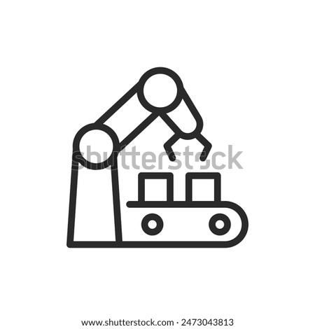 Robotic arm on a conveyor belt, linear style icon. Robotic arm, automation or industrial robotics. Editable stroke width.