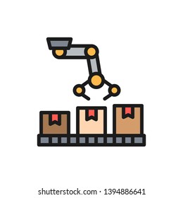 Robotic arm on packing conveyor, production line flat color icon.