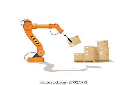 A Robotic Arm On A Skuld Folds Boxes For Transportation To The Consumer. Modern Warehouse Automation Concept. Flat Vector Illustration.