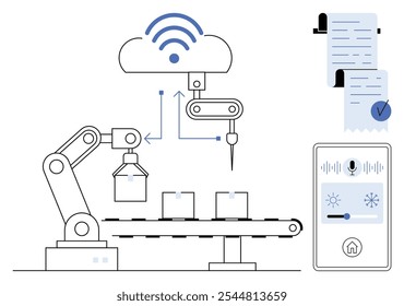 A robotic arm operates on a conveyor belt with three boxes, connected to a cloud network. A smart controller and checklist enhance efficiency. Ideal for automation, AI technology, industrial IoT