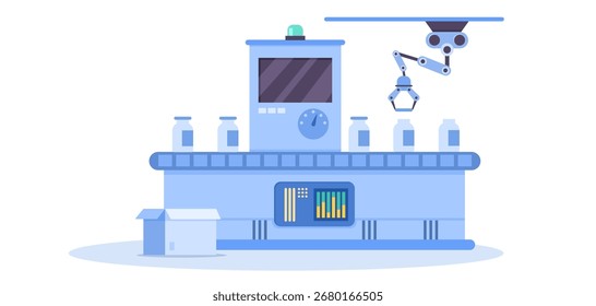El brazo robótico opera sobre una línea transportadora con botellas y un panel de control en estilo plano sobre fondo blanco. Concepto de automatización farmacéutica. Ilustración vectorial