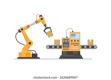 Braço Robótico Operando um Sistema Transportador Ilustrando o Conceito de Automação Industrial. ilustração vetorial