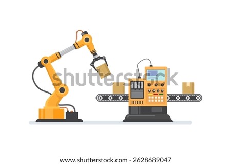 Robotic Arm Operating a Conveyor System Illustrating Industrial Automation Concept. vector illustration