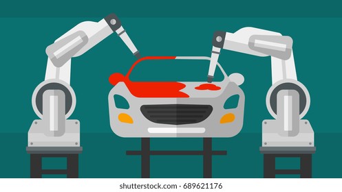 Robotic arm painting car in assembly shop. Robotic arm working on a conveyor for assembly of cars. The use of robots in the production of cars. Vector flat design illustration. Horizontal layout.