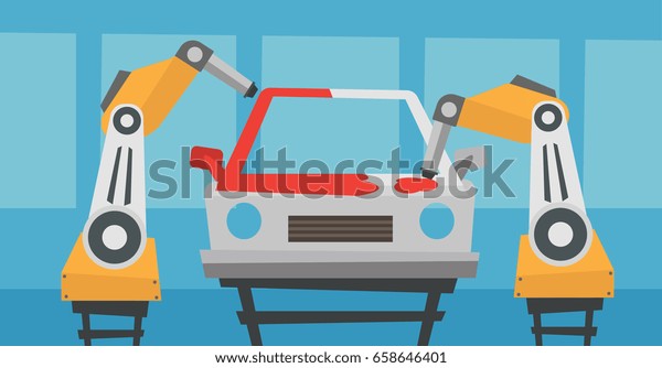 Robotic arm painting car in assembly shop.\
Robotic arm working on a conveyor for assembly of cars. The use of\
robots in the production of cars. Vector flat design illustration.\
Horizontal layout.