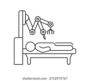 Brazo robótico que realiza el procedimiento en un paciente. Concepto de tecnología médica futura para cirugía y tratamiento en la industria de la salud. Ilustración de línea de Vector