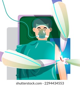 A robotic arm performs surgery on a patient. Small incision robotic surgery. medical technology.