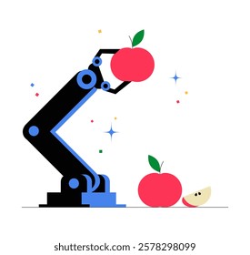 Robotic Arm Picking Apple In Flat Vector Illustration Symbolizing Automation, Artificial Intelligence, And Smart Farming, Isolated On White Background