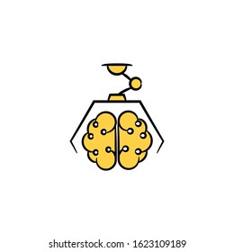 robotic arm picking brain, artificial intelligence concept yellow hand drawn theme