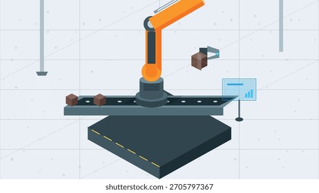 A robotic arm is placing boxes on a conveyor belt in a modern warehouse. The setting features bright lights and displays showing data, indicating an efficient workflow.