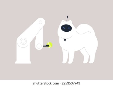 Ein Roboterarm, der einen Ball mit einem elektronischen Samoy Hund spielt, futuristische Technologien bei der Elternerziehung von Haustieren