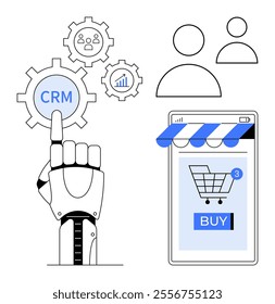 Robotic arm pointing at CRM gear symbol and a mobile screen showing an online shopping cart. Ideal for technology, e-commerce, CRM, automation, business solutions. Digital marketing, modern, clean