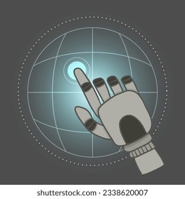 A robotic arm pointing towards a blank space with shining pointer effect and world outline. Ai change the world concept.  - Powered by Shutterstock - Get 15% off with code: PIKWIZARD15
