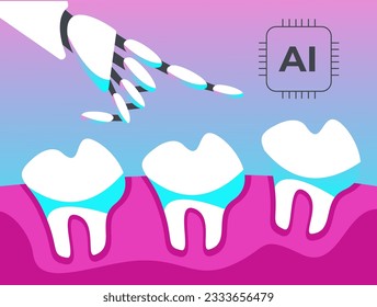 Robotic arm points a finger at the tooth to be removed. Ai Robot in medical. Flat vector illustration.