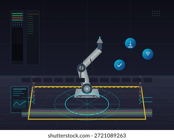 Un brazo robótico se coloca en un espacio de trabajo digital. Los iconos de control y las pantallas de datos muestran los procesos activos. Las líneas y las rejillas marcan el área de trabajo para la actividad del brazo robótico.