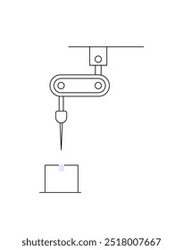 A robotic arm positions above a cube, indicating automated assembly. Ideal for technology, automation, industry, manufacturing, innovation. Simple and modern style emphasizing precise mechanical