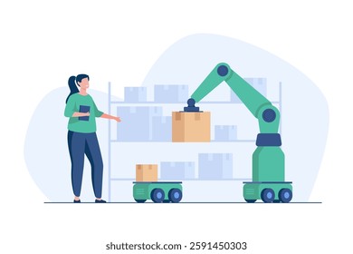 A robotic arm powered by AI is automating package sorting and inventory management in a modern smart warehouse. A warehouse worker supervises the robotic system.