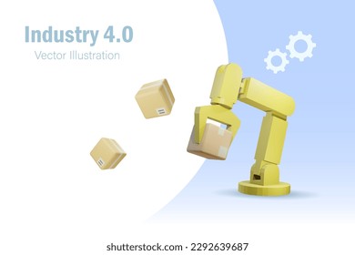 Robotic arm in production line holding carton box. Artificial intelligence and machine in manufacturing factory, Industry 4.0, smart warehouse. 3D vector. 