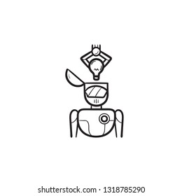 Robotic arm putting idea bulb into head hand drawn outline doodle icon. Ai, automaton, robotics brain concept. Vector sketch illustration for print, web, mobile and infographics on white background.