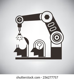 robotic arm putting idea bulb into the head, idea machine