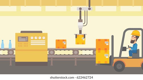 Robotic arm raises cardboard boxes and stacks them on forklift truck. Automated robotic production line for packaging of bottles in cardboard boxes. Vector flat design illustration. Horizontal layout.