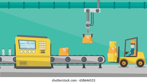 El brazo robótico levanta cajas de cartón y las apila en un camión elevador de horquilla. Línea de producción robótica automatizada para el embalaje de botellas en cajas de cartón. Ilustración de diseño plana vectorial. Diseño horizontal.