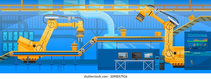 Robotic arm raises goods and stacks them on conveyor. Automated robotic production line for packaging of items with workers. Technical team works with technologies, equipment, machines at factory