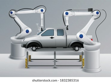 Sentido de brazo robótico realista con símbolos de fabricación de coche ilustración vectorial