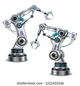 Robotic arm realistic set with modern technology symbols isolated vector illustration