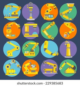 Robotic arm remote control device machine equipment flat icons set isolated vector illustration