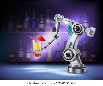 Robotic arm serving cocktail at bar cafe restaurant realistic composition with wine bottles in background vector illustration