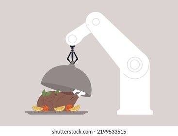 A Robotic Arm Serving A Thanksgiving Turkey, A Cyborg Hand Lifting A Cloche Lid, Celebratory Events And New Technologies