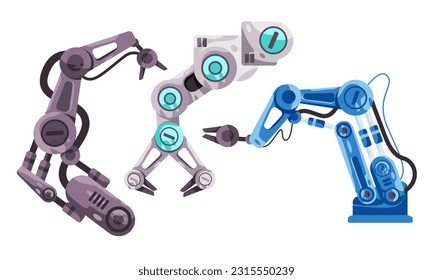 Robotic arm set collection in many color grey futuristic white and blue industrial robot hand automation 