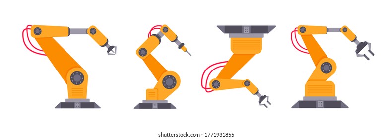 Robotic arm set flat style design vector illustration isolated on white background. Robot arms or hands. Industrial manipulator. Modern smart factory industry 4.0 technology manufacturing
