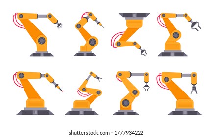 Robotic arm set flat style design vector illustration isolated on white background. Robot arms or hands. Industrial manipulator. Modern smart factory industry 4.0 technology manufacturing