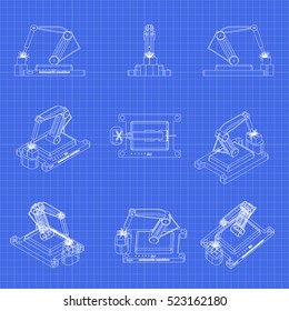 Robotic arm set. Robot welder in manufacturing process. Vector blueprint. 3D illustration.