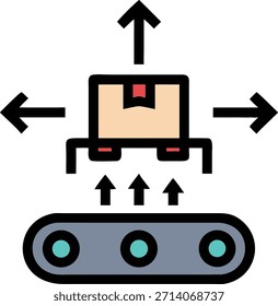 Se muestra un brazo robótico moviendo una caja en una cinta transportadora, ilustrando la automatización de la fábrica y la robótica industrial en un entorno de fabricación.