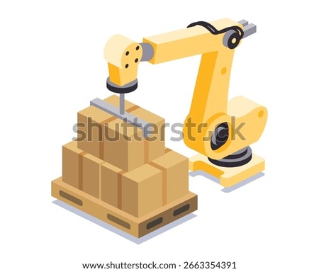 Robotic arm stacking cardboard boxes on a pallet. Concept of automation in warehouse logistics, packaging, and industrial manufacturing. Isometric vector illustration.
