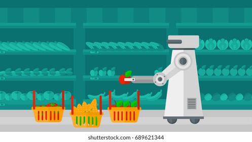 Robotic arm takes the products from the shelves and puts them in shopping basket. Concept of the use of robotic technologies in shopping industry. Vector flat design illustration. Horizontal layout.