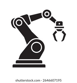 Ícone de tecnologia de braço robótico para automação industrial em uma fábrica inteligente representando processo de fabricação moderno e linha de montagem vetor ícone de glifo sólido