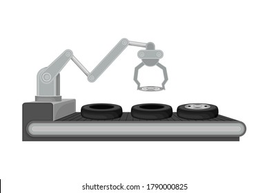 Brazo robótico y neumáticos en el cinturón de seguridad como ilustración vectorial de producción de automóviles