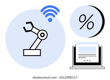 Robotic arm under wireless signal circle, percentage symbol, and laptop screen. Ideal for automation, technology, remote control, data analysis, smart factories, industrial IoT, productivity. Line