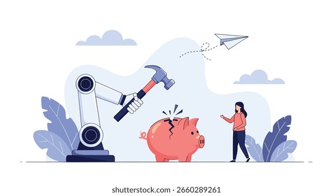 Braço robótico usando um martelo para quebrar um cofrinho com uma pessoa observando o evento ocorrer